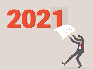 Goodbye 2020. A businessman tears off a wall sheet of the outgoing year. Parting with coming year. Vector illustration flat design.