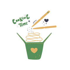 Hand drawn box with food, noodles, wok with stiks and text cooking time. Flat illustration.