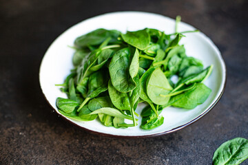 spinach salad green juicy leaves organic salad serving size natural top view copy space  for text...