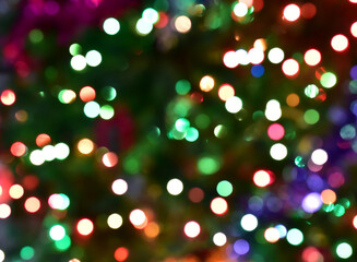 Bokeh Blur Christmas lights on Christmas Tree with bokeh beautiful background for design and decoration, new year concept, selective focus.