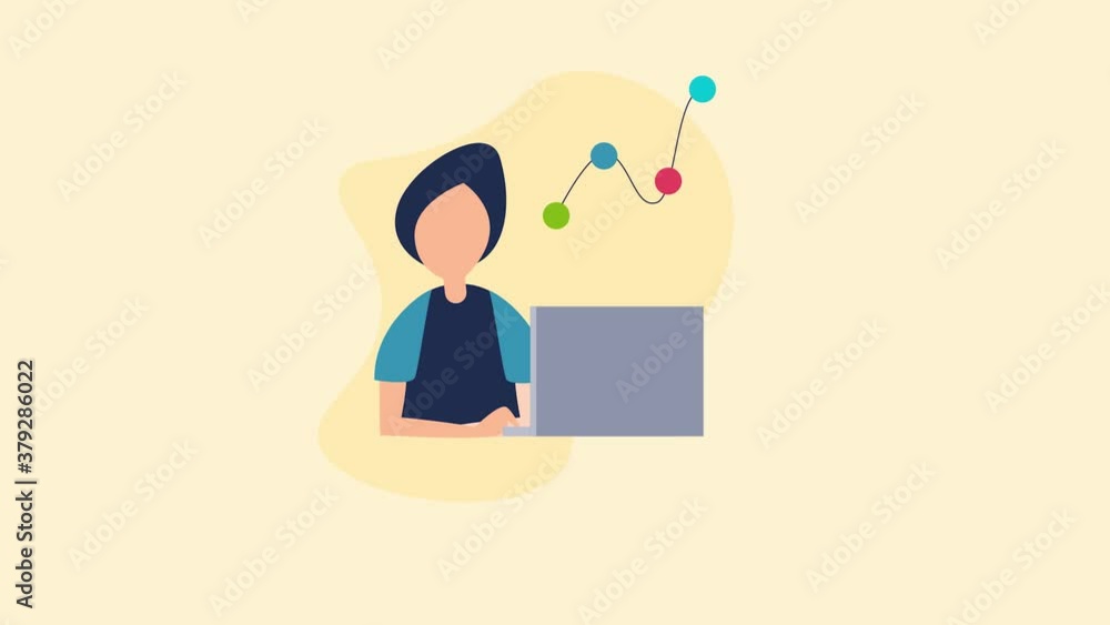 Poster business analysis and business intelligence - bi concept. man with laptop analysing business data, m