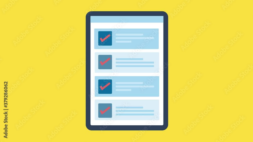 Poster digital checklist on tablet screen. online survey and make a choice application concept. 2d animatio