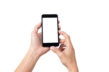 Hand man holding mock up mobile smartphone with blank screen isolated on white background with clipping path