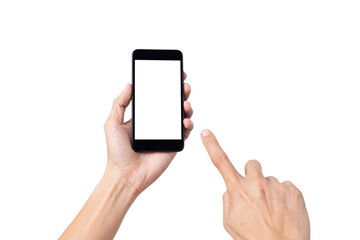 Hand man holding mock up mobile smartphone with blank screen isolated on white background with clipping path