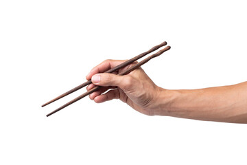 Hand man holding chopsticks isolated on a white background