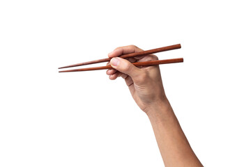 Hand man holding chopsticks isolated on a white background