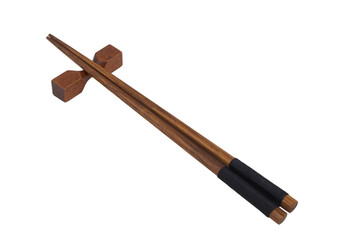 Wooden chopsticks with holder isolated on white background, Japanese style