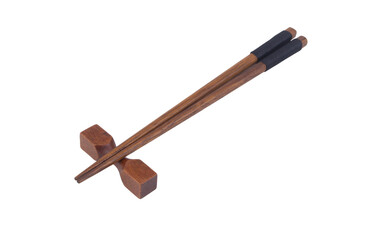 Wooden chopsticks with holder isolated on white background, Japanese style