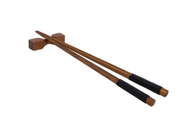 Wooden chopsticks with holder isolated on white background, Japanese style