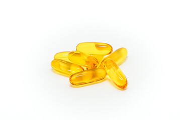 Fish oil capsule isolated on white background. Vitamin supplement cod liver gel omega.