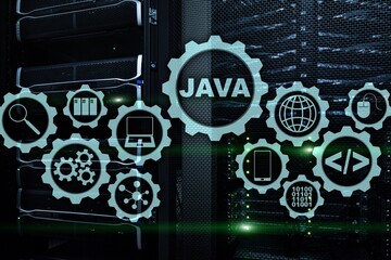 Java Programming concept. Virtual machine. On server room background.