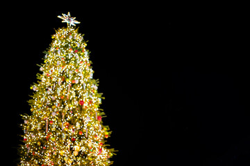 Unfocused Christmas tree with lights decorations outdoors at night.