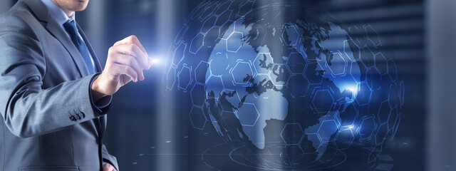 Modern server room supercomputers. Worldwide Concept of digital earth future.