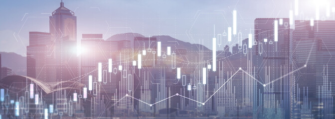 Fototapeta na wymiar Stock trading, investment, candle stock market chart diagram website header banner city view skyline.