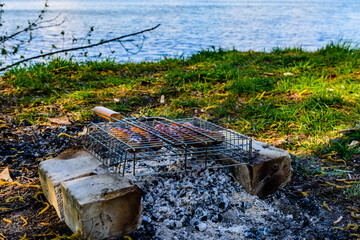 Sausages cooking in a barbecue grill on campfire at the riverbank