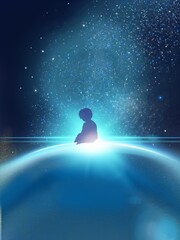 Silhouette of sitting child boy on bluely planet in starry space © NORIMA