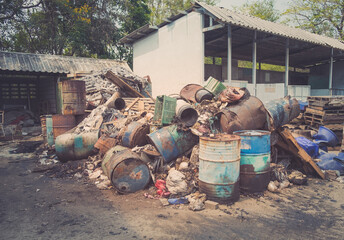Garbage removal hazardous danger waste industrial. Pile of junk biohazard trash disposal. - obrazy, fototapety, plakaty