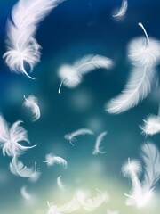 Fototapeta premium Flying white feathers in the blue sky background
