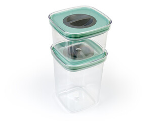 Stacked two empty food storage containers with tight fitting lids