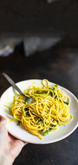 pasta spaghetti green bean asparagus sauce noodles second course vegetarian serving size top view copy space for text food background rustic