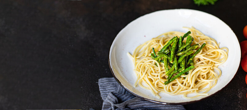 Pasta Spaghetti Green Bean Asparagus Sauce Noodles Second Course Vegetarian Serving Size Top View Copy Space For Text Food Background Rustic