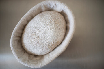 Rye bread dough in proof basket