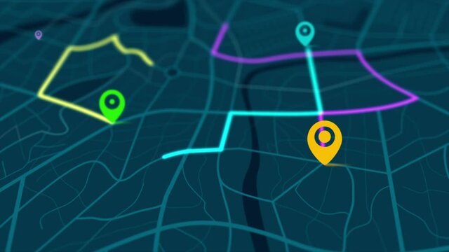 3D rendering GPS map navigator with direction path, different color of a route for transport concept, select focus shallow depth of field
