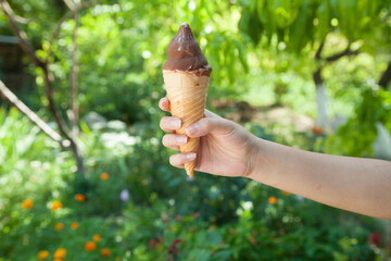 Hand holding ice cream on natural background.