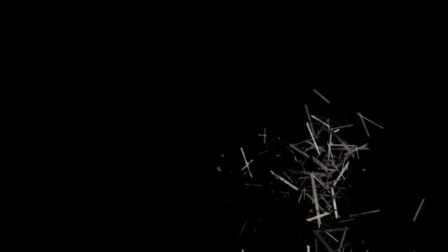 High quality motion animation representing various pieces of debris, falling in slow motion, on a black background.