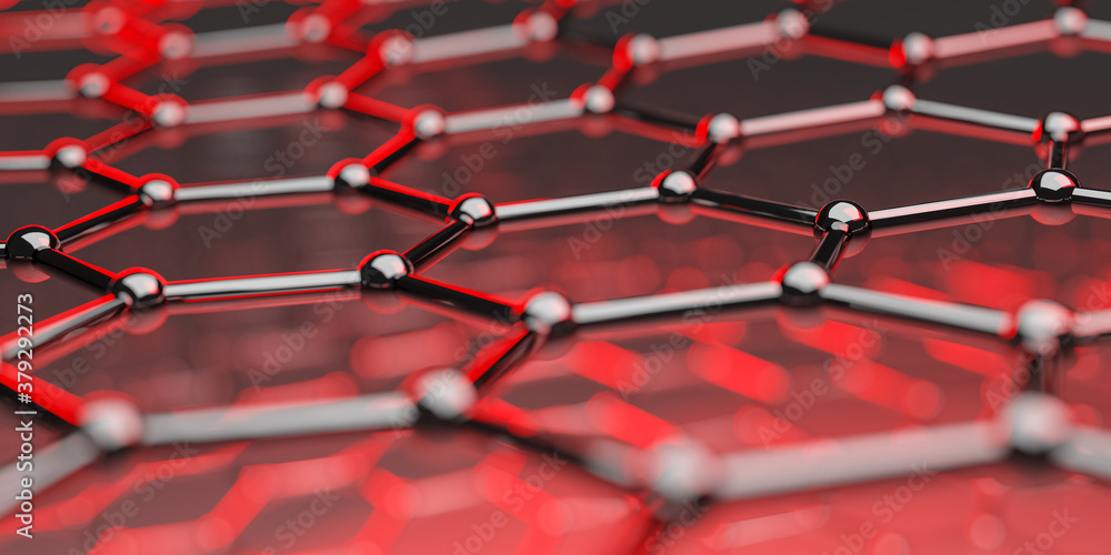 Poster graphene molecular nano technology structure on a red background - 3d rendering