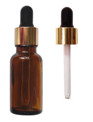 Empty gold bottle of cosmetic serum and pipette on a white background