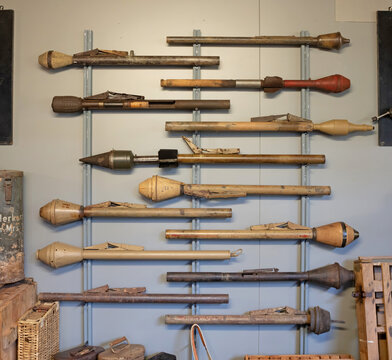 Overloon, the Netherlands on july 30, 2020: Collection of old anti tank rockets from different periods of time