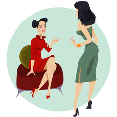 Two young woman is talking.