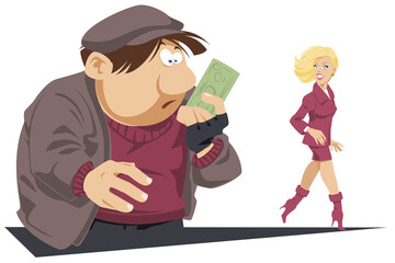 Surprised beggar with bill in his hands. Girl helped poor man.