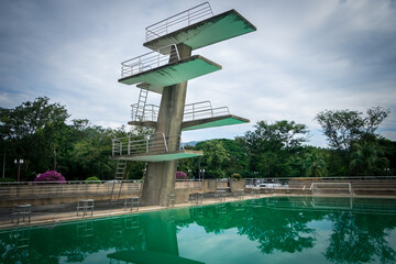 View of diving board on blue sky at Thailand. This photo can be used for sport concept. Public...