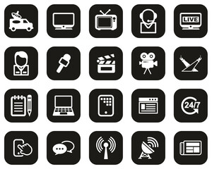 TV Station Icons White On Black Flat Design Set Big