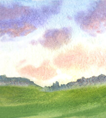 Obraz na płótnie Canvas beautiful landscape with clouds and meadow distant trees at sunrise. watercolor landscape background