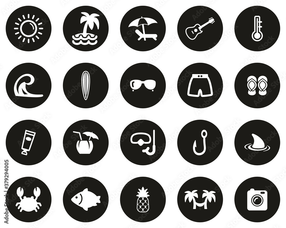 Canvas Prints Tropical Lifestyle Icons White On Black Flat Design Circle Set Big