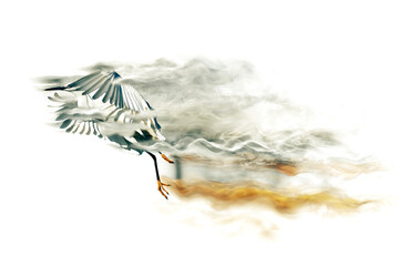 Abstract nature. Flying bird. Dispersion effect. White background. 