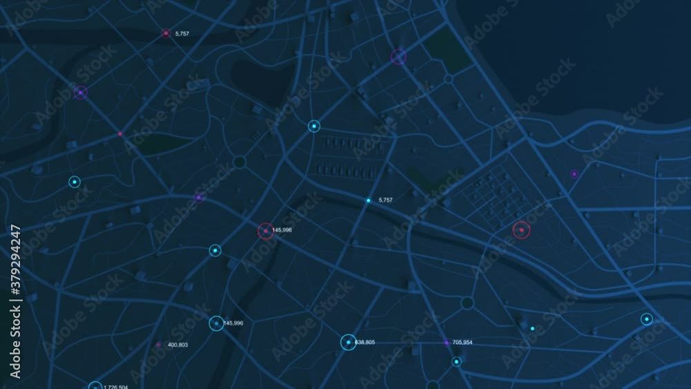 Poster 3d rendering gps map navigator with a random counter number, different color of a destination point 