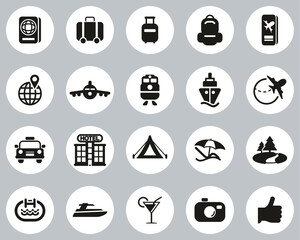 Travel Or Vacation Icons Black & White Flat Design Circle Set Big