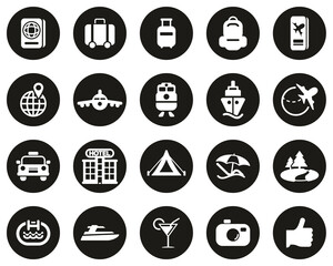 Travel Or Vacation Icons White On Black Flat Design Circle Set Big