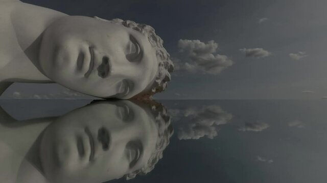 Gypsum plaster Apollo head on mirror and clouds motion, time lapse