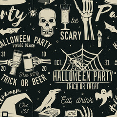 Set of Halloween celebration seamless pattern with retro grunge effect. Vector. Halloween party retro badges. Background, wallpaper, seamless pattern with patches