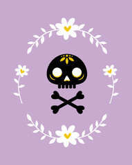 Postcard with skull and bones surrounded by a wreath of flowers. Cute vector illustration in flat style with human scoop painted in calavera style. For wallpaper, backgound, wrapping paper, textile.