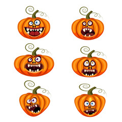 Set Pumpkins Halloween funny faces open mouths creepy and scary funny jaws teeths creatures expression monsters characters