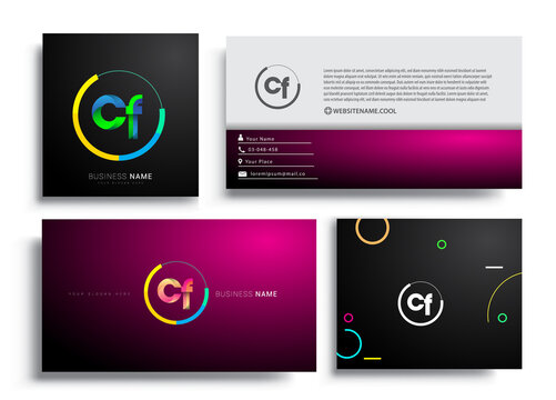 Letter CF logotype with colorful circle, letter combination logo design with ring, sets of business card for company identity, creative industry, web, isolated on white background.