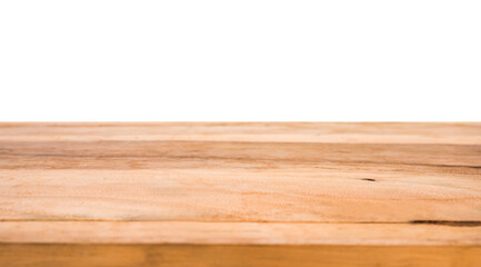 Wood table top isolated on white background. Brown wooden desk empty counter. Copy space for text and ideal for product placement with cut out.