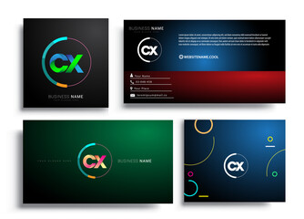 Letter CX logotype with colorful circle, letter combination logo design with ring, sets of business card for company identity, creative industry, web, isolated on white background.