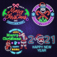 We wish you a very sweet Christmas and Happy New Year neon sign with snowflakes Vector. Neon design for xmas, new year emblem, bright signboard, light banner. Night signboard